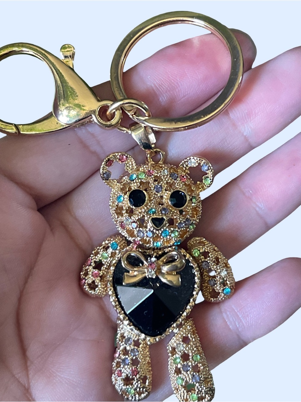 Gold Teddy Bear Keychain with Black Heart and Multicolor Crystals